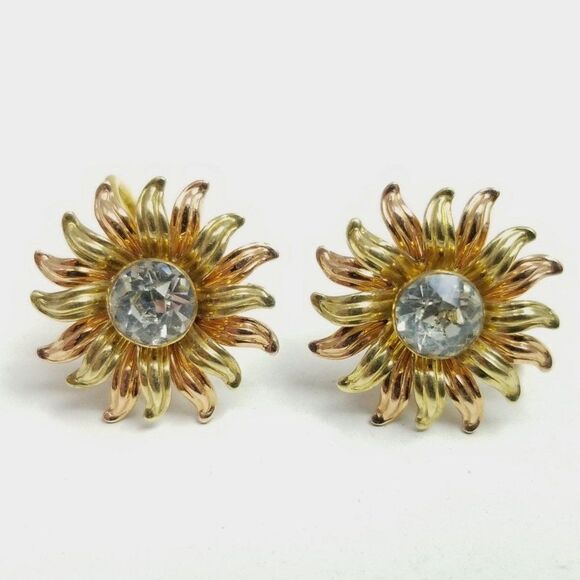 Vintage Gold Filled Floral Sun Shaped Rhinestoen Center Clip On Earrings - Picture 1 of 7